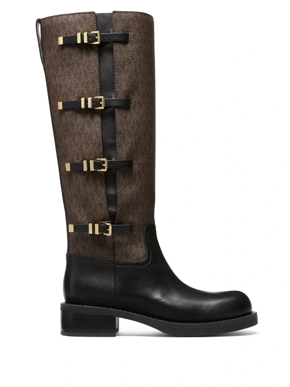 Micheal Kors Over-the-Knee Buckle Leather & Textured Shaft Boot - Black & Brown